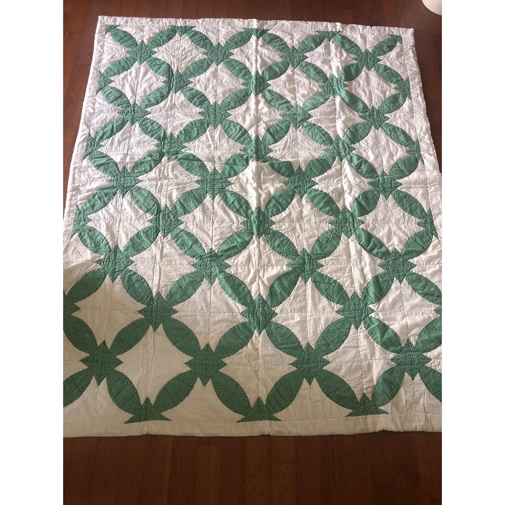 Vintage Drunkards Path Quilt Hand Quilted Green Cream Very Old 63x81 Read!